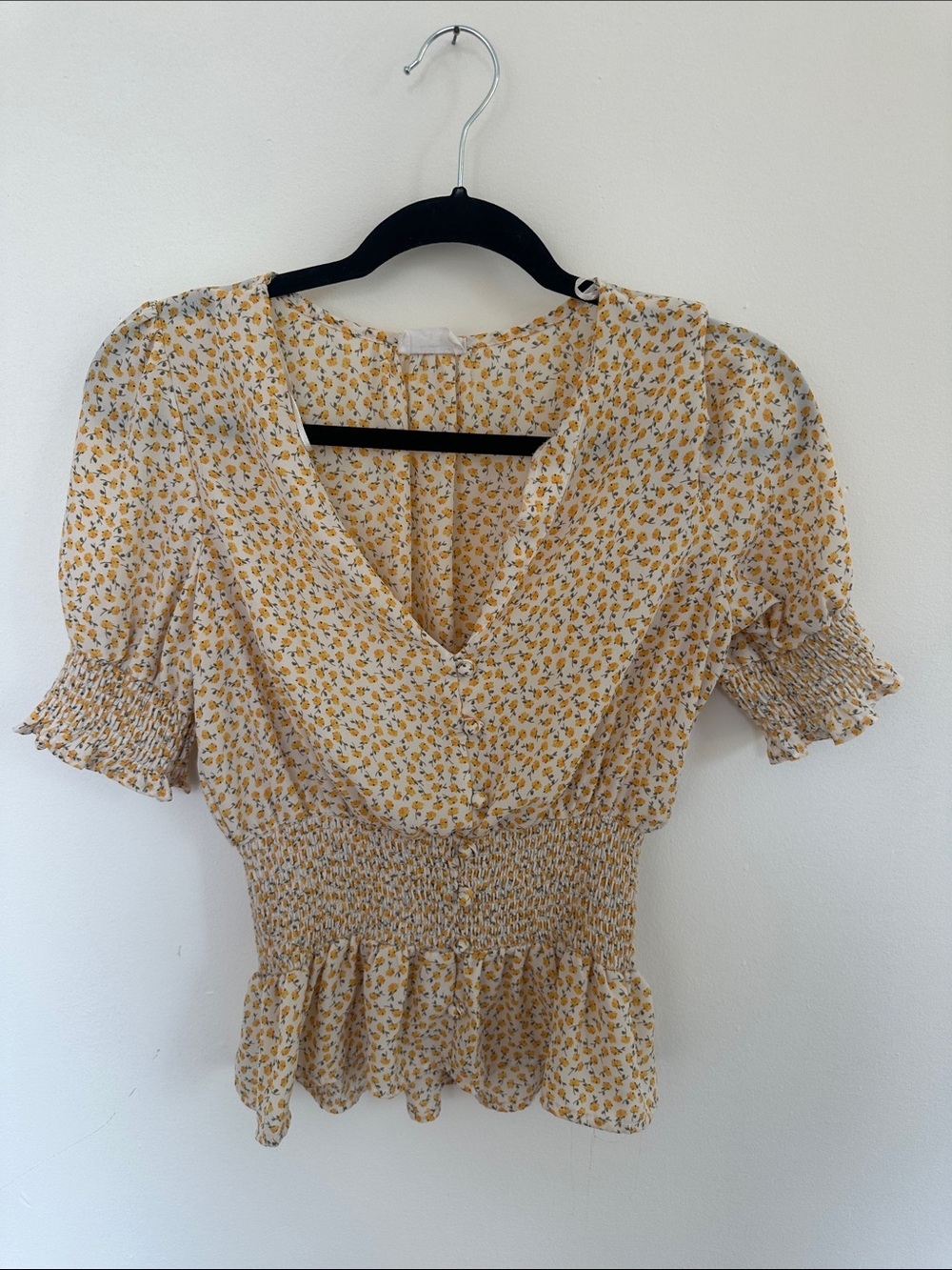 Sienna Sky Yellow Floral Smocked V-Neck Peplum Blouse